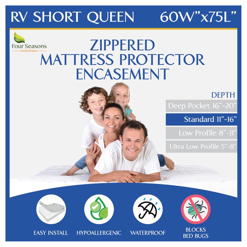 Four Seasons Essentials RV Short Queen Mattress Protector (60" Wx75 L) Waterproof Zippered Encasement Hypoallergenic Premium Bed Cover Protects Against Bedbugs Dust Allergies - Image 1